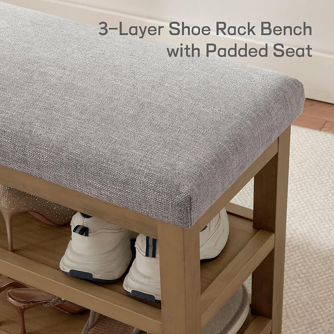 Zihanhome Shoe Rack Bench with Cushion, 2 Tier Solid Wood Storage Bench, Mid-Century Modern Shoe Bench for Entryway, Hallway, Closet, Front Door Entrance, Foyer (Grey, 31.5")