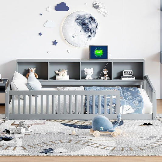 Bellemave Kids Montessori Floor Bed Twin XL Size,Floor Bed Frame with Bookcase and Charging Station for Kids Boys Girls,Gray