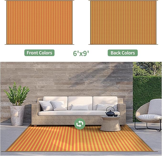 GENIMO Outdoor Rug for Patio Clearance, 6'x9' Reversible Plastic Straw Rugs, Lightweight Waterproof RV Camping Mat for Camper, Balcony, Deck, Backyard, Picnic, Orange