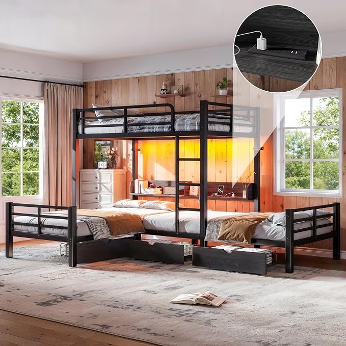 Bellemave L-Shape Triple Bunk Bed with 3 Storage Drawers and Shelves for 3,Metal Bunk Beds Twin Over Twin with Charging Station & LED Lights for Kids,Teens,Adults,Black