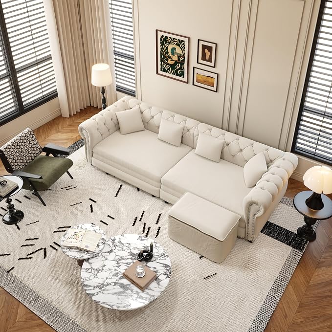 89'' Pull Out Sofa Bed King, Chesterfield Velvet Sleeper Sofa, Convertible L-Shaped Futon Couch, Tufted Back, 4 Pillows, Ottoman, Deep Seat Loveseat Couches for Living Room, Apartment, Beige