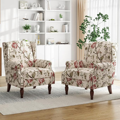 Pia Ricco High Back Floral Accent Chair - Retro Wingback Upholstered Armchair with Nailhead Trim, Solid Wood Legs, Fabric Living Room Bedroom Reading Chair (Flower Beige)
