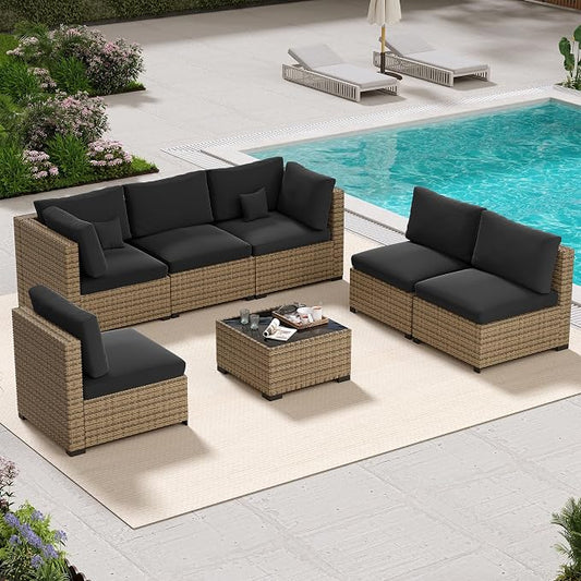 LHBcraft 7 Piece Patio Outdoor Furniture Set, Outdoor Sectional, All-Weather Manual Weaving PE Rattan Wicker Patio Sectional Sofa, Rattan Outside Furniture with Black Cushion and Glass Coffee Table