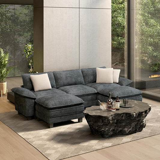 HERA'S HOUSE 124" Oversized Modular Sectional Sofa, Comfy U Shaped Couches for Living Room, Cloud Couch with Ottoman, 5-Seater Deep Seat Sofa with Throw Pillow, Chenille Blue
