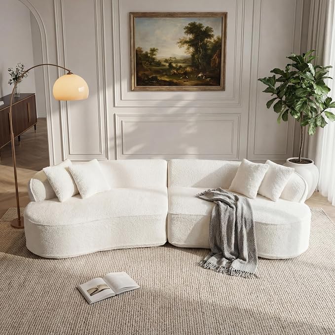 114" Curved Sectional Sofa Couch，4 Seater Oversized Boneless Cloud Couch with 4 Throw Pillows，Modern Round Couch Sofa，Comfy Deep Seat Chenille Memory Foam Sofa for Living Room (CreamWhite, 114.2 Inch)