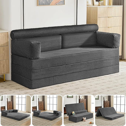 5-in-1 Convertible Sofa Bed, 60" Boneless Loveseat Couch Tri Folding Mattress with Removable L-Shaped Armrests, Corduroy Futon Couch Sleeper with Pull Out Bed for Living Room Bedroom Apartment, Grey