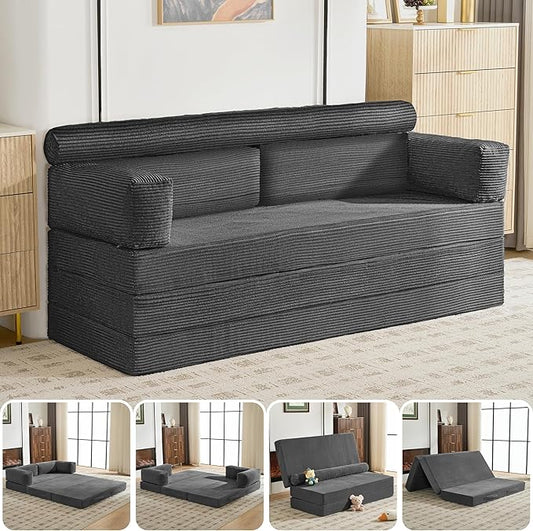 5-in-1 Convertible Sofa Bed, 60" Boneless Loveseat Couch Tri Folding Mattress with Removable L-Shaped Armrests, Corduroy Futon Couch Sleeper with Pull Out Bed for Living Room Bedroom Apartment, Grey