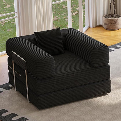 Single Couch Sofa for Small Spaces 2 in 1 Convertible Sleeper Sofa to Lounger Comfy Bean Bag Chair for Adults Removable Cover with Pillows for Bedroom, Apartment, Office, Black, 35.43" Single Sofa