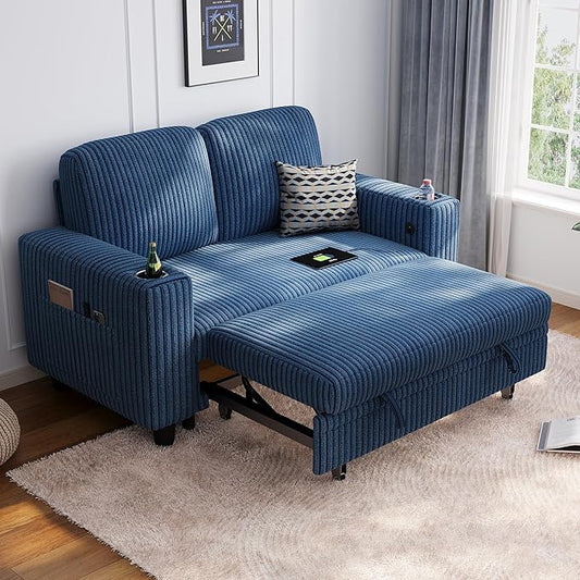 LINSY HOME 56" Sectional Modular Sectional Couch with Pull Out Bed, Loveseat Sleeper Sofa, Corduroy Convertible Sofa Bed, Cup Holder|USB Charging|Side Pocket, Living Room, Bedroom, Apartment, Blue