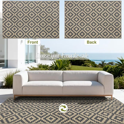 SAND MINE Reversible Mats, Plastic Straw Rug, Modern Area Rug, Large Floor Mat and Rug for Outdoors, RV, Patio, Backyard, Deck, Picnic, Beach, Trailer, Camping (4' x 6', Grey Tan Lattice)