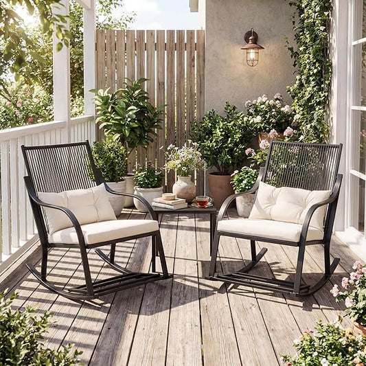 COSIEST 3-Piece Outdoor Rocking Chairs Bistro Set, All Weather Rattan Patio Furniture with 2 Chairs, Coffee Table， & Cushions for Garden, Porch, Balcony,Backyard