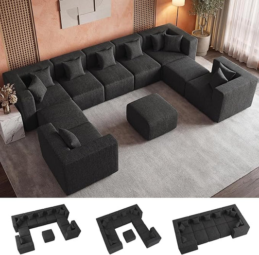 MONVANE Modular Sectional Sofa, Oversized 10 Seat Convertible U Shaped Couch with Ottoman, Comfy Chenille Deep Seat Cloud Couch, Sectional Couches for Living Room, No Assembly Required, Black