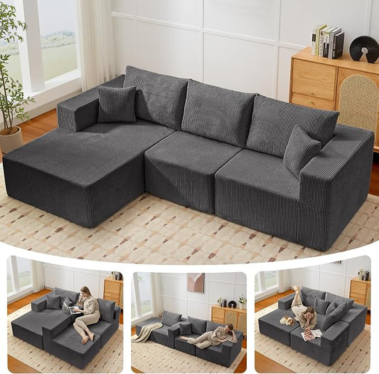 Modular Sectional Sofa for Living Room, 108" Cloud Couch Sectional with L-Shape Chaise, Modern Upholstered Corduroy Boneless Couch with Memory Foam Deep Seat, No Assembly Required (Grey)