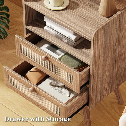SUPERJARE 2 Drawer Night Stand with Charger Station, Boho Rattan Nightstand Set of 2, 25.2 Inch Tall Bed Side Table with Solid Wood Feet, End Table, Open Storage, Synthetic Rattan, Walnut