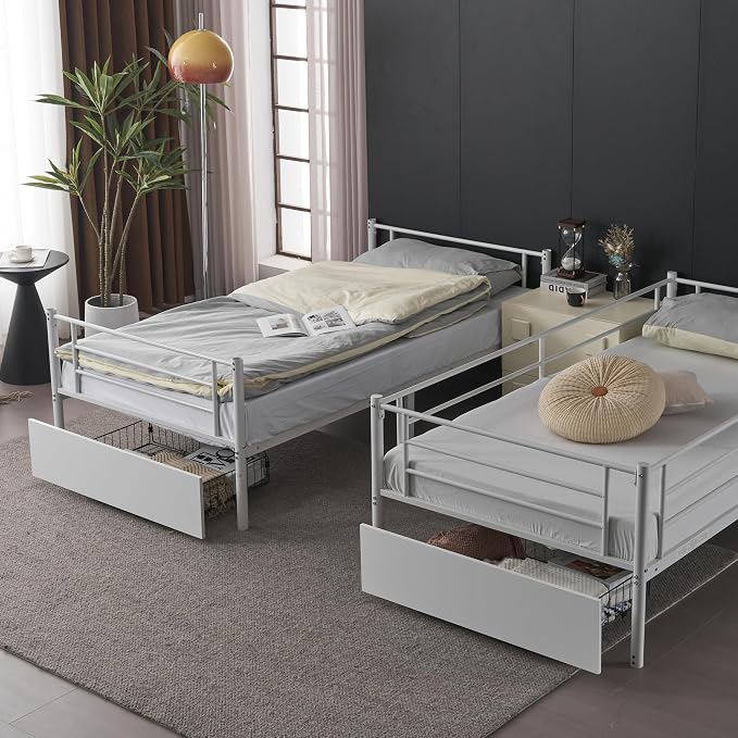 Karl home White Bunk Bed Twin Over Twin with 2 Storage Drawers, Metal Bunk Bed with Built-in Ladder and Safety Guardrail, Space-Saving Twin Bunk Beds for Kids, Teens & Adults, No Box Spring Needed