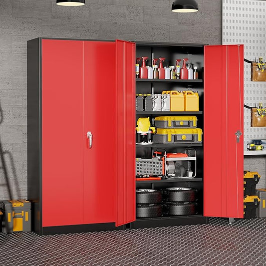 Bonusall 72" Metal Garage Storage Cabinet， Heavy-Duty Steel Cabinet with 2 Locking Doors & 5 Adjustable Shelves for Home