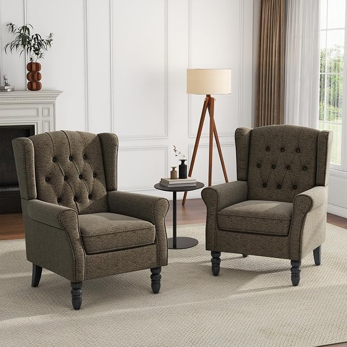 High Back Accent Chair, Fabric Upholstered Armchair Wingback Chair for Living Room, Comfy Single Sofa Bedroom Reading Seat with Solid Wood Legs - Taupe