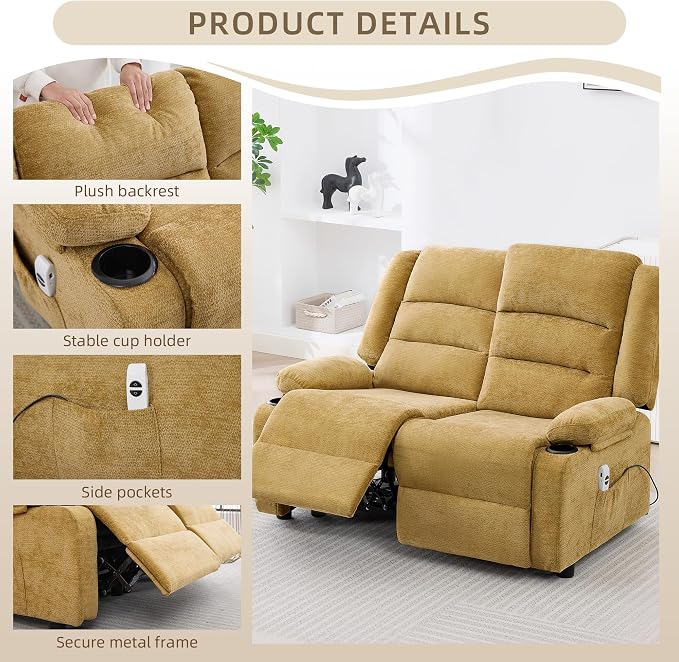 52Inch Reclining Loveseat Sofa,Power Loveseat Recliner,Electric Love seat Recliner Sofa for Bedroom,Living Room with Charging Ports,Yellow