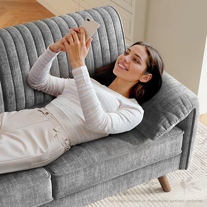 ONBRILL 64.5" Loveseat Sofa, Chenille Loveseat Couch for Living Room, 23.2" Deep Seat Love Seat with Padded Arms, Comfy Modern Small Couches for Bedroom, Small Spaces, Dorms, Office, Grey