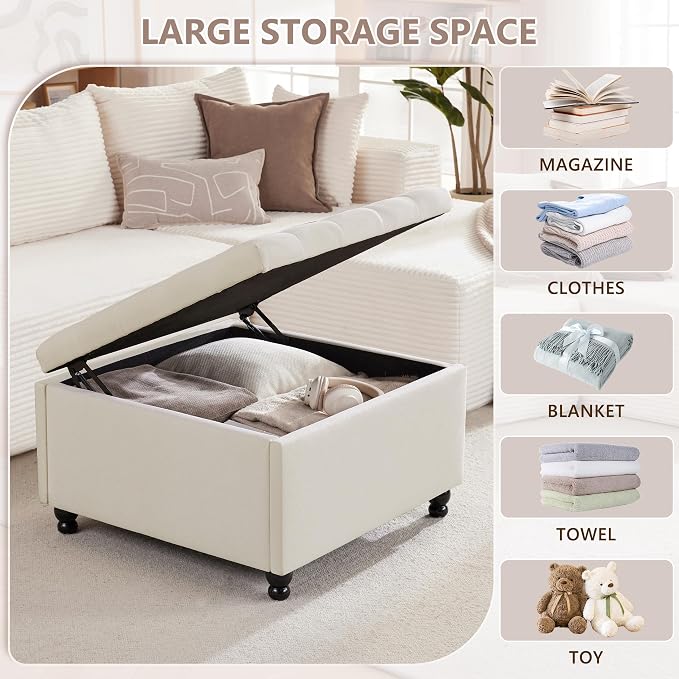 Weture 30 Inch Large Square Storage Ottoman Coffee Table, Oversized Square Ottoman with Storage, Tufted Upholstered Coffee Tables for Living Room (Fabric, Beige)