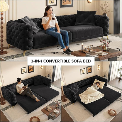 97.7" Convertible Queen Sleeper Sofa with Ottoman - Button Tufted Pull Out Sofa Bed, Velvet King Size Couch Bed & Vintage Deep Seat 4-Seater Couch for Small Spaces, Apartment & Living Room, Black | Button Tufted