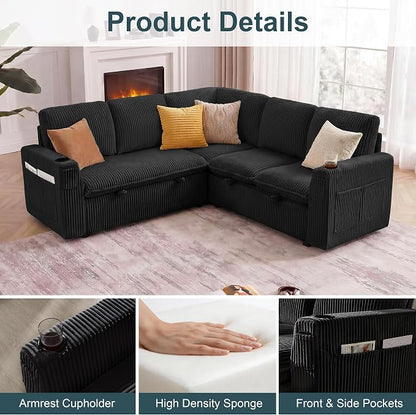 Sectional Sleeper Sofa with Pull Out Bed, Plush Corduroy 5 Seat Modular Sectional Sofa with Storage Chaise and Adjustable Backrest, Cloud Couches for Living Room, Apartment, Black