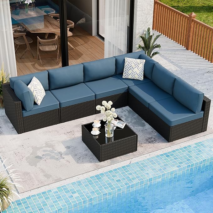 7 Piece Outdoor Patio Furniture Set,Black PE Rattan Wicker Sectional Sofa, All Weather Conversation Set with Washable Cushions & Glass Coffee Table for Backyard Poolside Garden Porch,Navy Blue