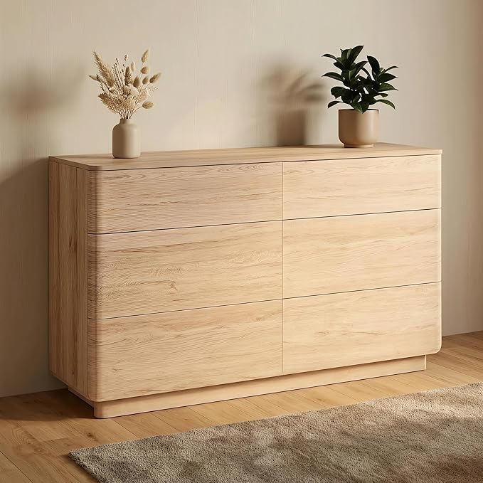 JXQTLINGMU 6 Drawer Dresser for Bedroom, 52" Wide Modern Wood Dressers with Push-to-Open Drawers for Closet Storage, Chest of Drawers TV Stand for Living Room & Hallway, Curved Profile, Natural Oak