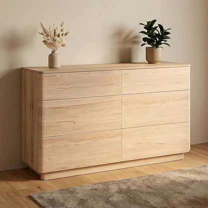 JXQTLINGMU 6 Drawer Dresser for Bedroom, 52" Wide Modern Wood Dressers with Push-to-Open Drawers for Closet Storage, Chest of Drawers TV Stand for Living Room & Hallway, Curved Profile, Natural Oak