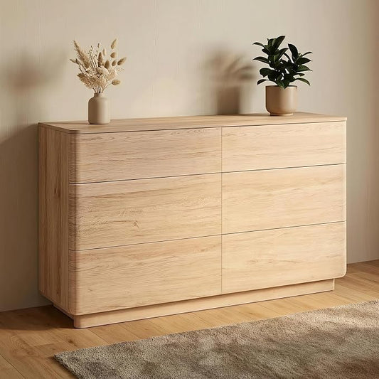 JXQTLINGMU 6 Drawer Dresser for Bedroom, 52" Wide Modern Wood Dressers with Push-to-Open Drawers for Closet Storage, Chest of Drawers TV Stand for Living Room & Hallway, Curved Profile, Natural Oak