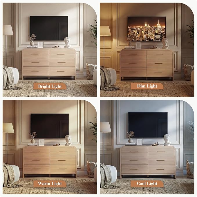 Curved 6-Drawer Dresser for Bedroom, 54" Wide Modern Chest of Drawers, Vanity Desk TV Stand for Living Room, Closet Storage Drawers Organizer Furniture, Nursery, Hallway, Grey Oak