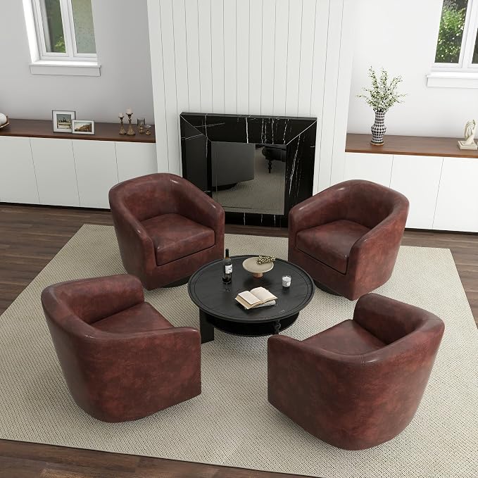 PU Leather Swivel Accent Chairs Set of 4, Barrel Club Chair Upholstered Armchair for Living Room - Red Brown