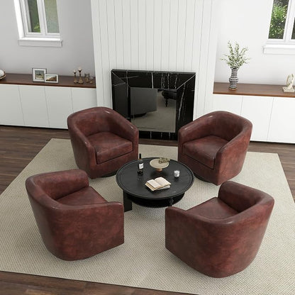 PU Leather Swivel Accent Chairs Set of 4, Barrel Club Chair Upholstered Armchair for Living Room - Red Brown