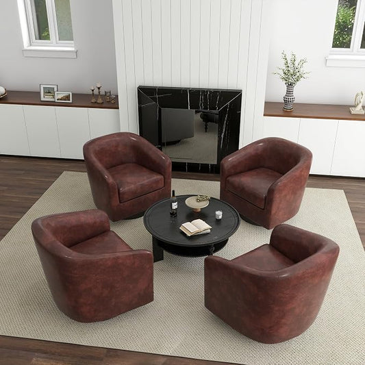 PU Leather Swivel Accent Chairs Set of 4, Barrel Club Chair Upholstered Armchair for Living Room - Red Brown