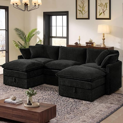 Ihanherry 103” Modular Sectional Sofa with Storage, U Shaped Cloud Couch with Movable Ottomans & 4 Pillows, Chenille Deep Seat Sectional Couches for Living Room, Apartment (Black)