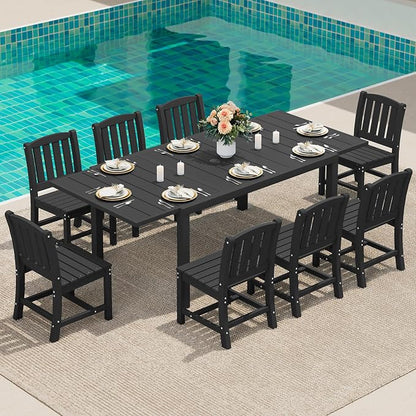 SERWALL Outdoor Patio Dining Set for 8, Black | 60" - 83" Expandable Outdoor Dining Table and 8 HDPE Chairs, All Weather Material Outdoor Furniture Set Backyard, Garden