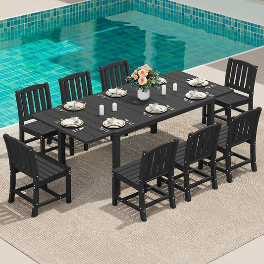 SERWALL Outdoor Patio Dining Set for 8, Black | 60" - 83" Expandable Outdoor Dining Table and 8 HDPE Chairs, All Weather Material Outdoor Furniture Set Backyard, Garden