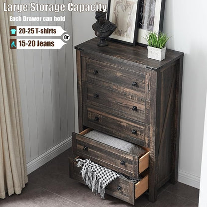 T4TREAM 48" Tall Farmhouse 5-Drawer Dresser for Bedroom, Dark Rustic Oak | Rustic chests of drawers, Wood Storage Cabinet, Metal Handle, Unique Corner Accent, Bedroom, Living Room, Hallway