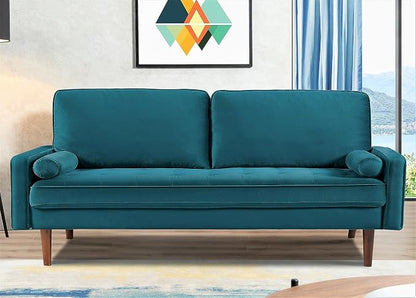 Container Furniture Direct Velvet Tufted Sofas for Living Room, Classic Mid-Century Style with Modern Silhouette, Button Tufting and Wood Legs, Includes 2 Bolster Pillows, Couch, Greenish Blue