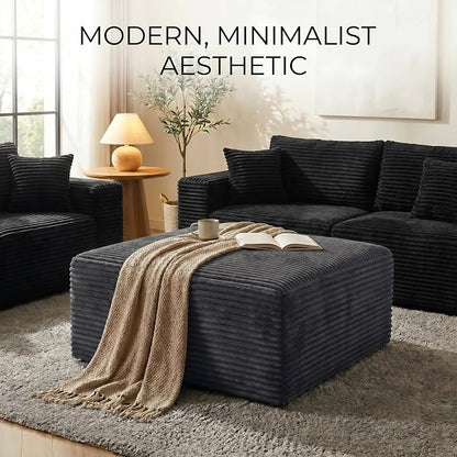 Oversized Boneless Ottoman for Living Room – Plush Square Corduroy Upholstered Couch Ottoman, Modern Low-Profile Footrest for Sectional & Modular Sofa-Black
