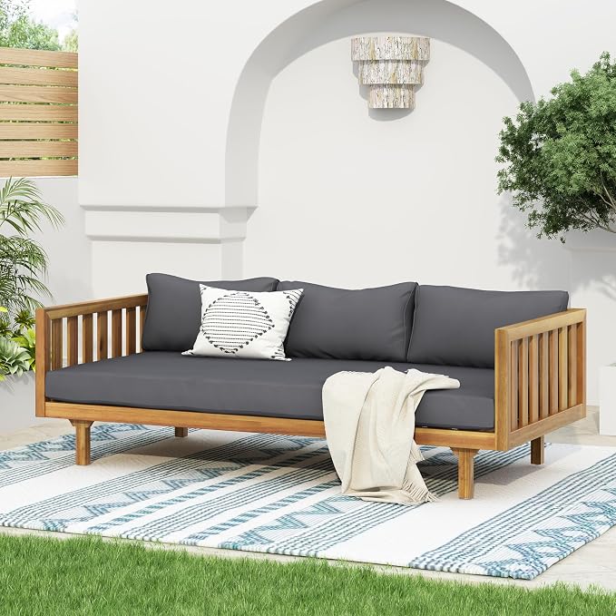Merax Outdoor Acacia Wood Conversation Set - Patio 3-Seat Loveseat Sofa w/Coushion and Round Coffee Table for Backyard, Lawn, Balcony, Teak+Dark Gray