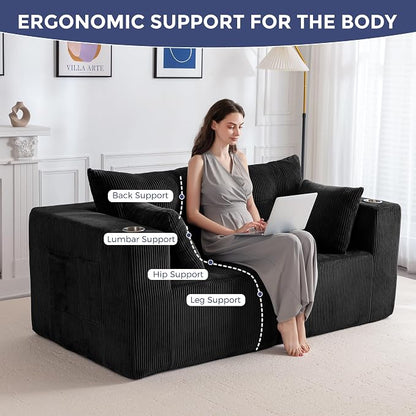 MAXYOYO Modular Sectional Sofa Couch, Loveseat Boneless Cloud Couch for Living Room, Sofa in A Box, Tufted Upholstered Cozy Chair with Cup Holders, No Assembly Required, Black