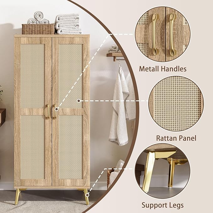 JASIWAY Tall Bathroom Storage Cabinet 57" Rattan Pantry Cabinet, Wood | With Doors and Adjustable Shelves, Freestanding Linen Closet & Wardrobe for Bathroom Laundry Bedroom, Anti-Tipping Device
