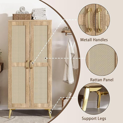 JASIWAY Tall Bathroom Storage Cabinet 57" Rattan Pantry Cabinet, Wood | With Doors and Adjustable Shelves, Freestanding Linen Closet & Wardrobe for Bathroom Laundry Bedroom, Anti-Tipping Device