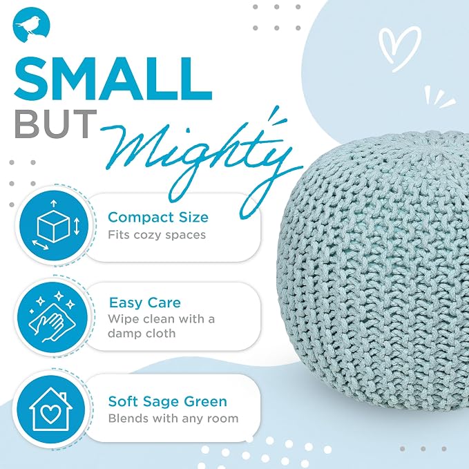 BIRDROCK HOME Round Pouf Ottoman Foot Rest - 18.5”x18.5”x15” Boho Compact Comfortable Soft Cotton Braided Foot Stool with Bean Bag Filling for Living Room, Bedroom, or Nursery (Sage Green)