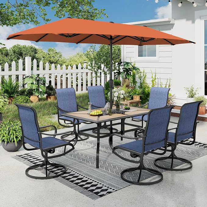Sophia & William Patio Set with Umbrella Outdoor Dining Set for 6 with 13ft Umbrella Orange Red, 6 x Patio Chairs Blue, 1 Wood Like Dining Table for Deck Lawn Garden (No Umbrella Base)