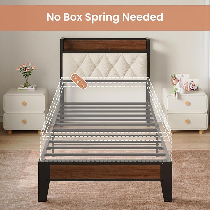 ANCTOR Twin XL Bed Frame, Storage Headboard with Charging Station, Platform Bed Frame with Strong Metal Support, Sturdy and Stable, Noise Free, No Box Spring Needed, Easy Assembly, Walnut