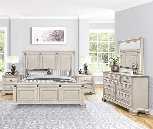 Roundhill Furniture Renova Distressed Parchment Wood Bedroom Set, King Panel Bed, Dresser, Mirror, Two Nightstands