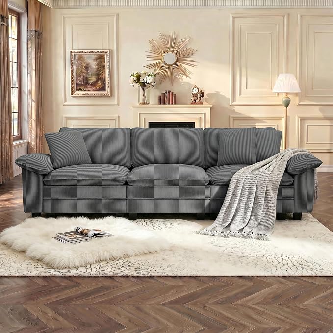 PHI VILLA Modular Couches Sets, 123.6" Cloud Sectional Sofa with Upholstered Deep Seat, 3-Seater Couch for Living Room Apartment, Corduroy Fabric, Grey