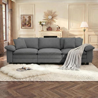 PHI VILLA Modular Couches Sets, 123.6" Cloud Sectional Sofa with Upholstered Deep Seat, 3-Seater Couch for Living Room Apartment, Corduroy Fabric, Grey